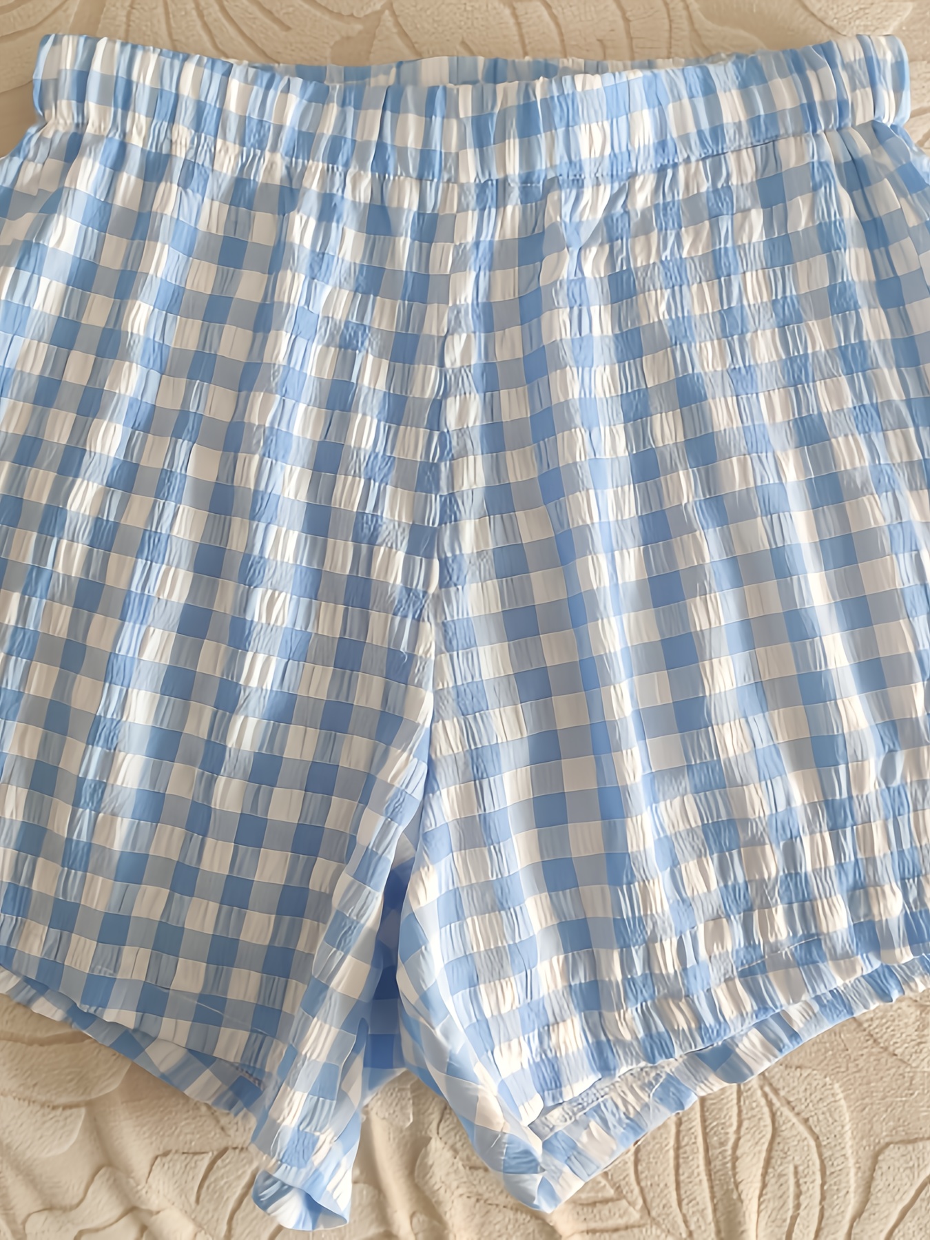 Women's Elegant Loose Fit Plaid Shorts Blue White Gingham Check Hem  Wide-Leg Casual Shorts for Spring Summer Fall, Hand Wash