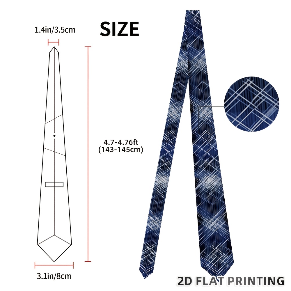 TEMU 1pc, 2d Flat Elegant Abstract Blue Geometric Lines Pattern Tie, Featuring A Modern Printed Design Ideal For Formal Events, Parties, And Stylish
