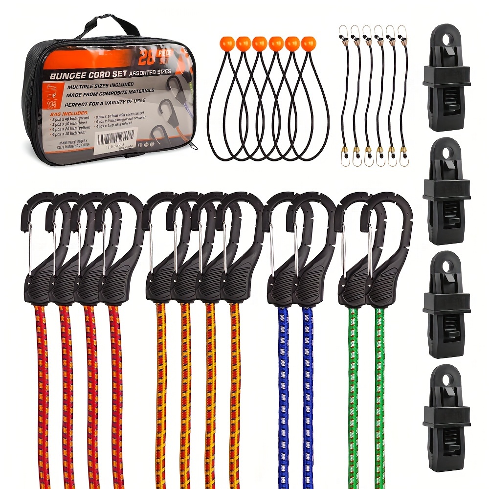 

28pcs+carabiner/32pcs Retractable , Includes Cords With Strong Hooks Tarp Ball Ties, And Tarp Clips For Easy Securing And Organization, , And Free Pet Walking Leash For Pet-walking Etc.