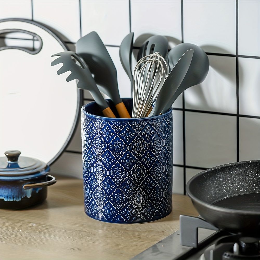 HVH Farmhouse Ceramic Utensil Holder – Large 6x7 Inch Countertop Utensil Crock For Kitchen Tools, Wabi Sabi Style