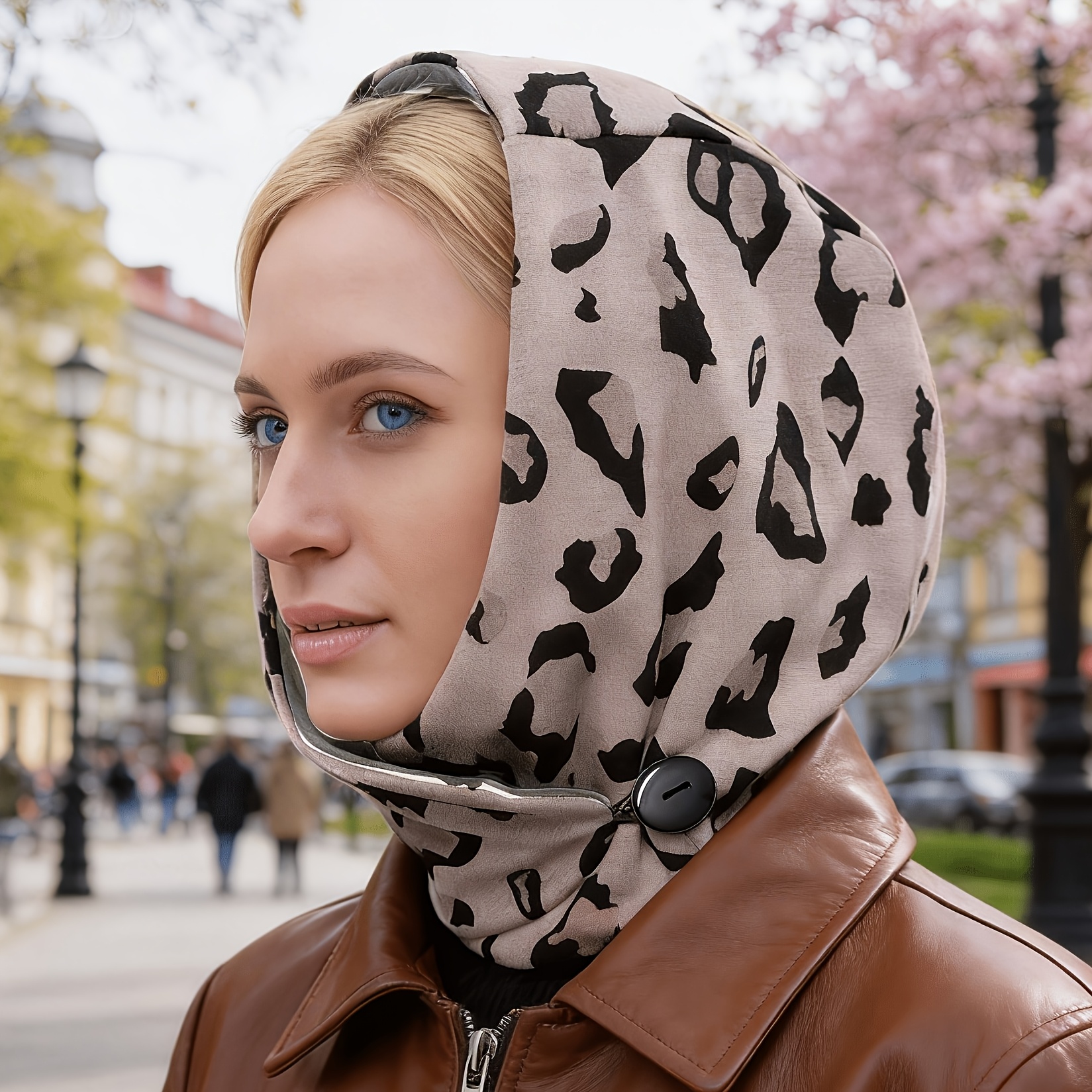 E-shop Doppellagige isolierte Mütze mit Leopardenmuster faltbarem Knopfdesign, ein tolles warmes Geschenk für Herbst Winter