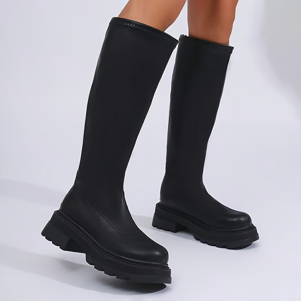 

Women's Mid-calf Boots With Chunky Heel - Black Cover, Tpu Sole, Fabric , Side Zipper , High Heel Boots