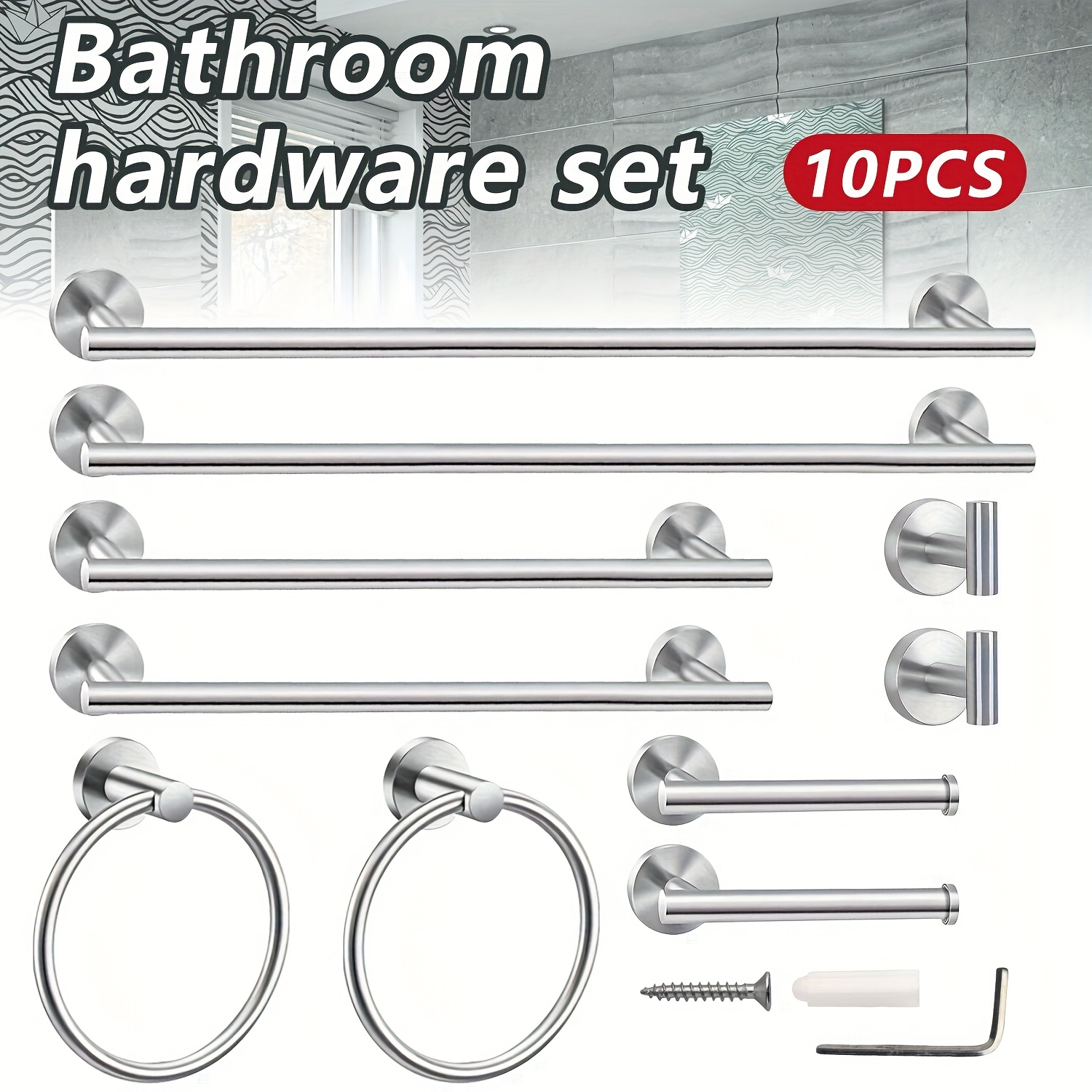 TEMU 10pcs Bathroom Hardware Set 23. 6 Inch Towel Bar Towel Ring Toilet Paper Holder Robe Towel Hook Stainless Steel Bathroom Accessory Set