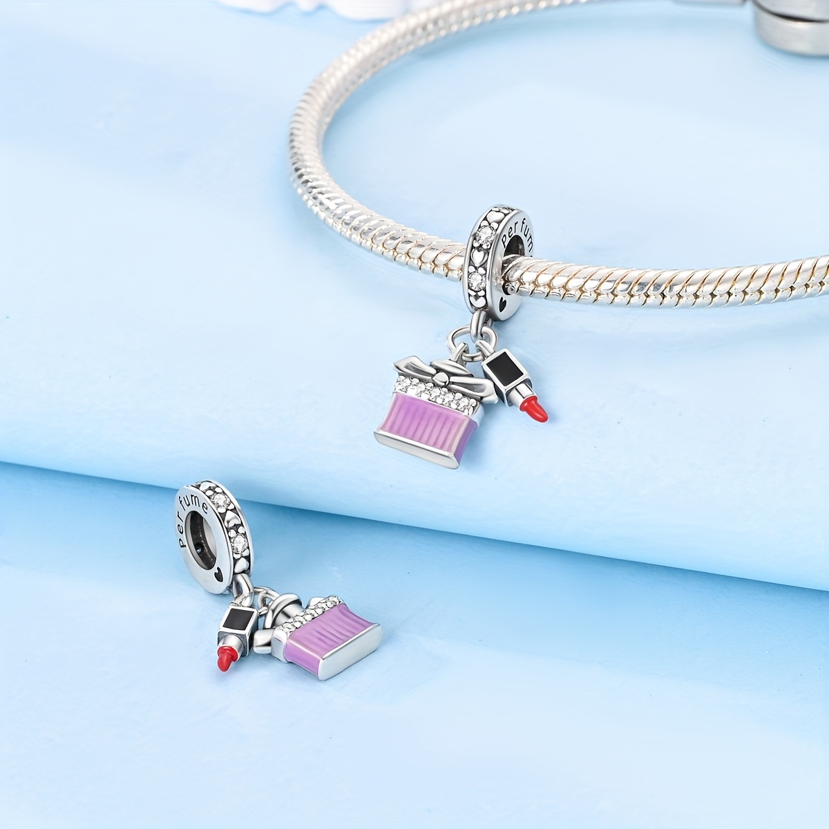 925 Silver Bow Perfume Bottle Lipstick Charms for Bracelet Necklace