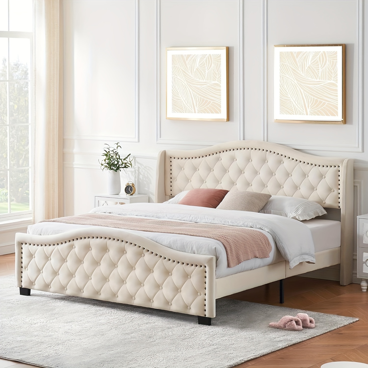 

King Size Upholstered Platform Bed Frame With Tall Headboard 47.2", King Bed With Velvet Button Tufted & Nailhead Trim Wingback Headboard, Luxurious Arched Footboard, Beige
