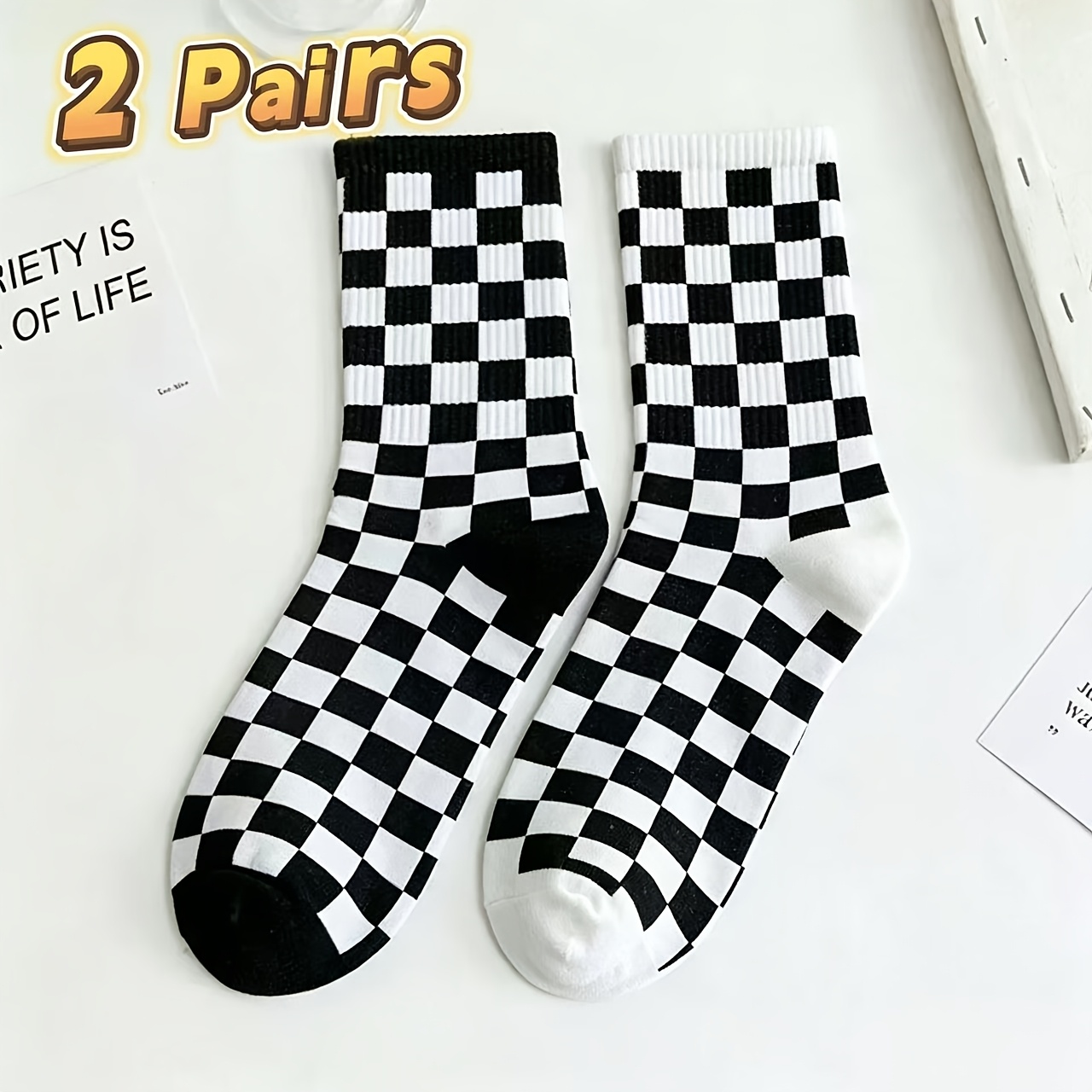 TEMU 2 Paires de Chaussettes Unisexe à Carreaux Toutes Saisons, Motif Rétro, Chaussettes Décontractées de Sport Polyvalentes et Tendance