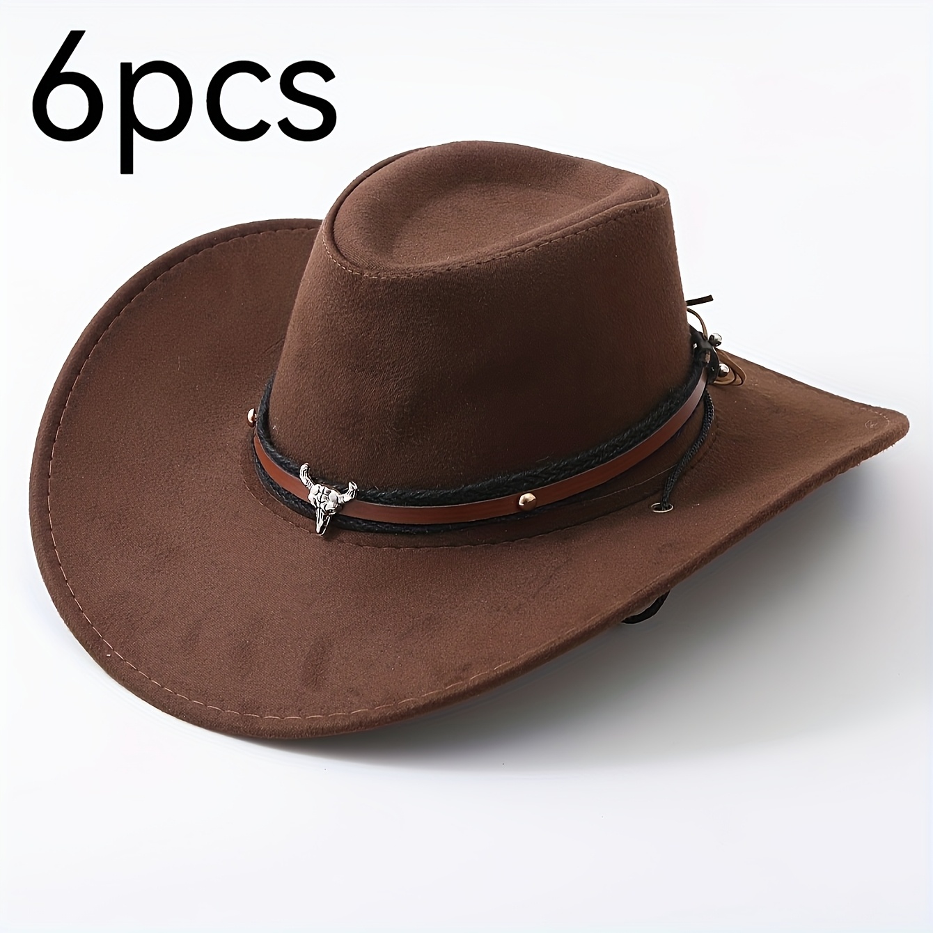 TEMU 6 stuks imitatie-suède western cowboyhoeden met klassieke afneembare afwerkingsbandjes, geschikt voor mannen en vrouwen. Cowboy zonne- en