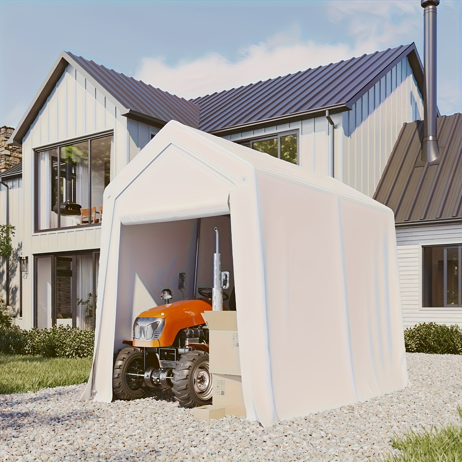 TEMU Nordivale 180 X 240 Cm Outdoor Storage Canopy, Sturdy Portable Carport, Quick Setup Garage Shed For Tractor, Lawn Mower & Equipment, White