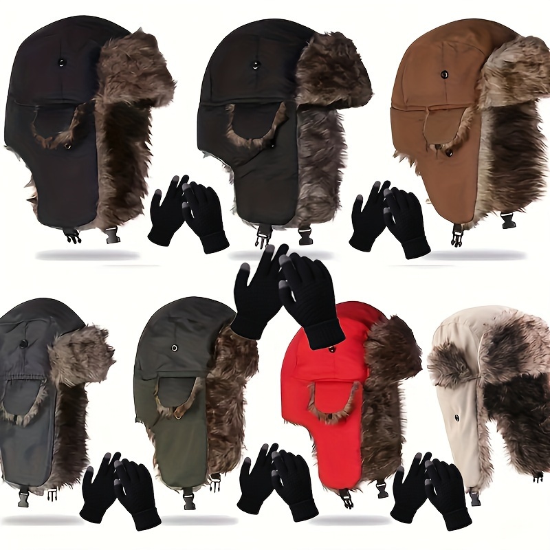 

2pcs Winter Set: Cozy Fleece-lined Hats & Black Gloves - , Knit For Outdoor Skiing, In Multiple Colors, Winter Clothes