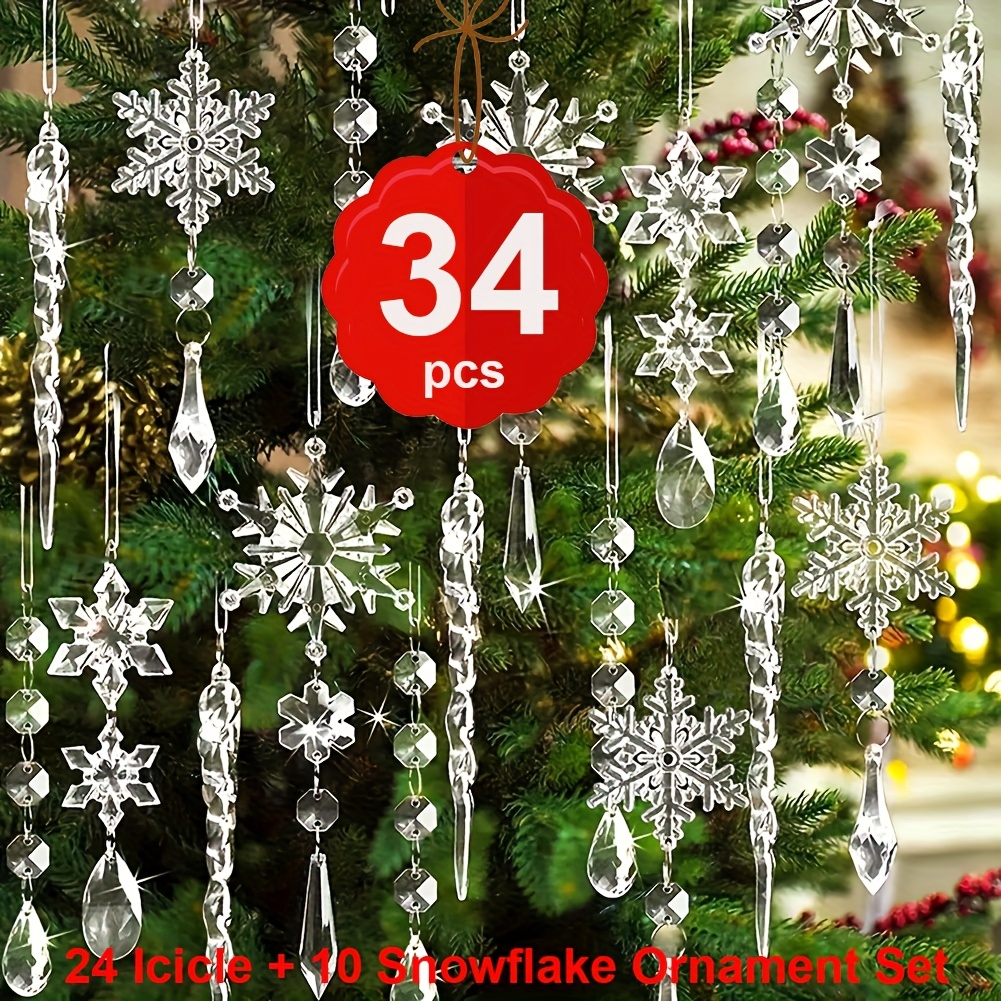 TEMU 34pcs Set Of Christmas Streamers, Featuring Snowflake Designs, Made From Clear Plastic Crystals, Perfect For Christmas Tree Decor,