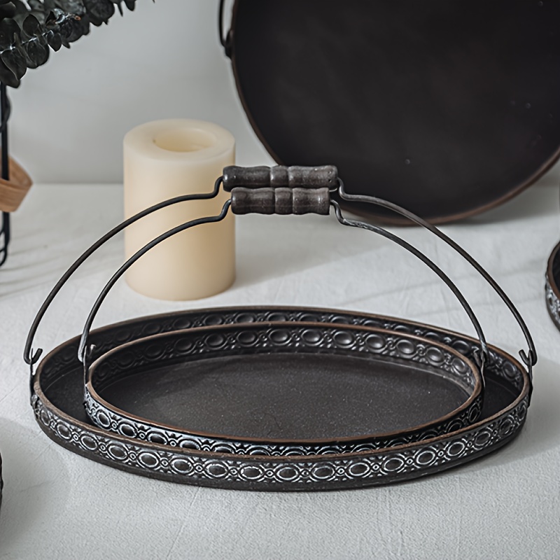 2pcs Industrial Style Oval Plate With Handle, Decorative Tray, Storage Plate Non-food Contact