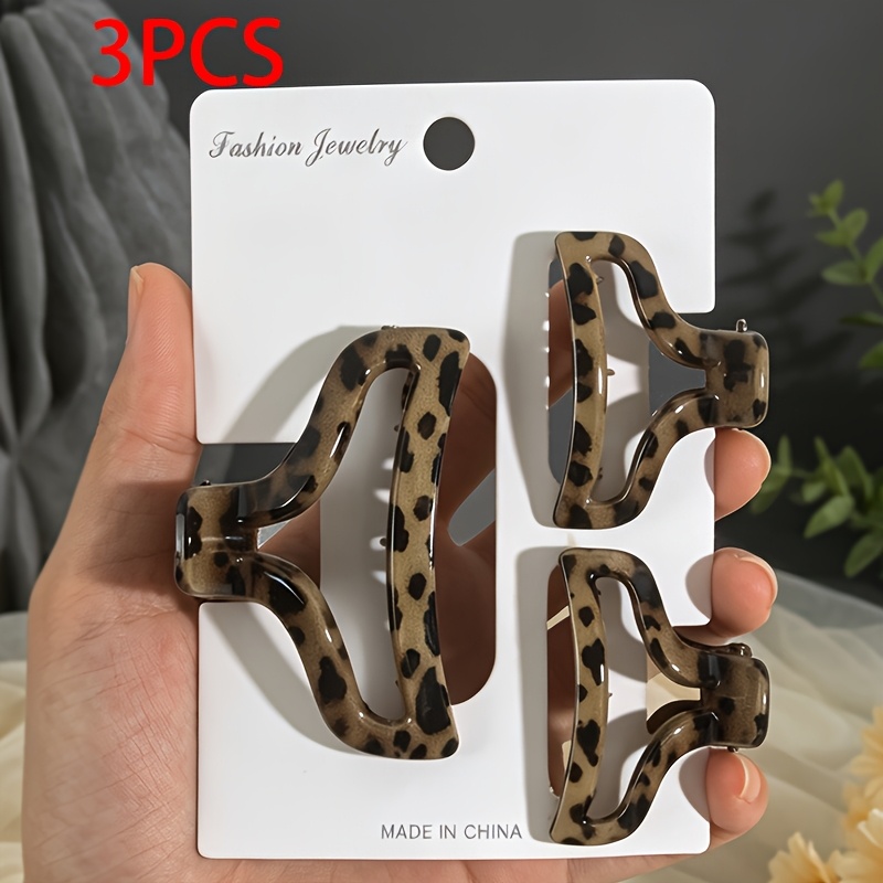 TEMU 3 pezzi Fermagli per capelli a forma di con stampa leopardata retr簷 traforata, per capelli raccolti quotidiani da donna, fermagli a squalo per