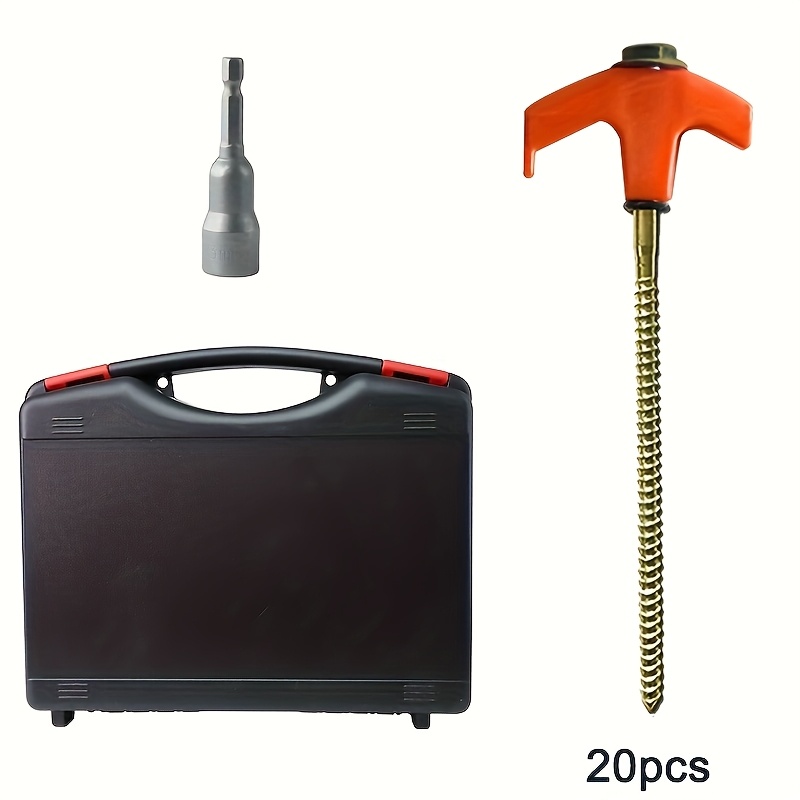 E-shop Set mit 20 robusten Zeltankern - 8-Zoll Schraubanker - Goldene Camping Heringe in Orange, Schwarz, Klar und Grün mit Sechskantkopf und