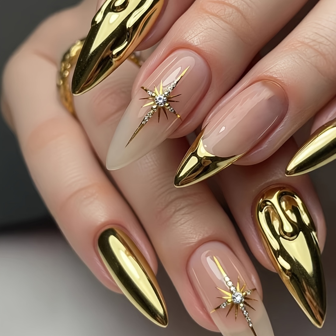 TEMU 24pcs Long Almond-shaped Fake Nails, -studded Diamond-wearing Nail Design, Bright-faced Detachable Fake Nails