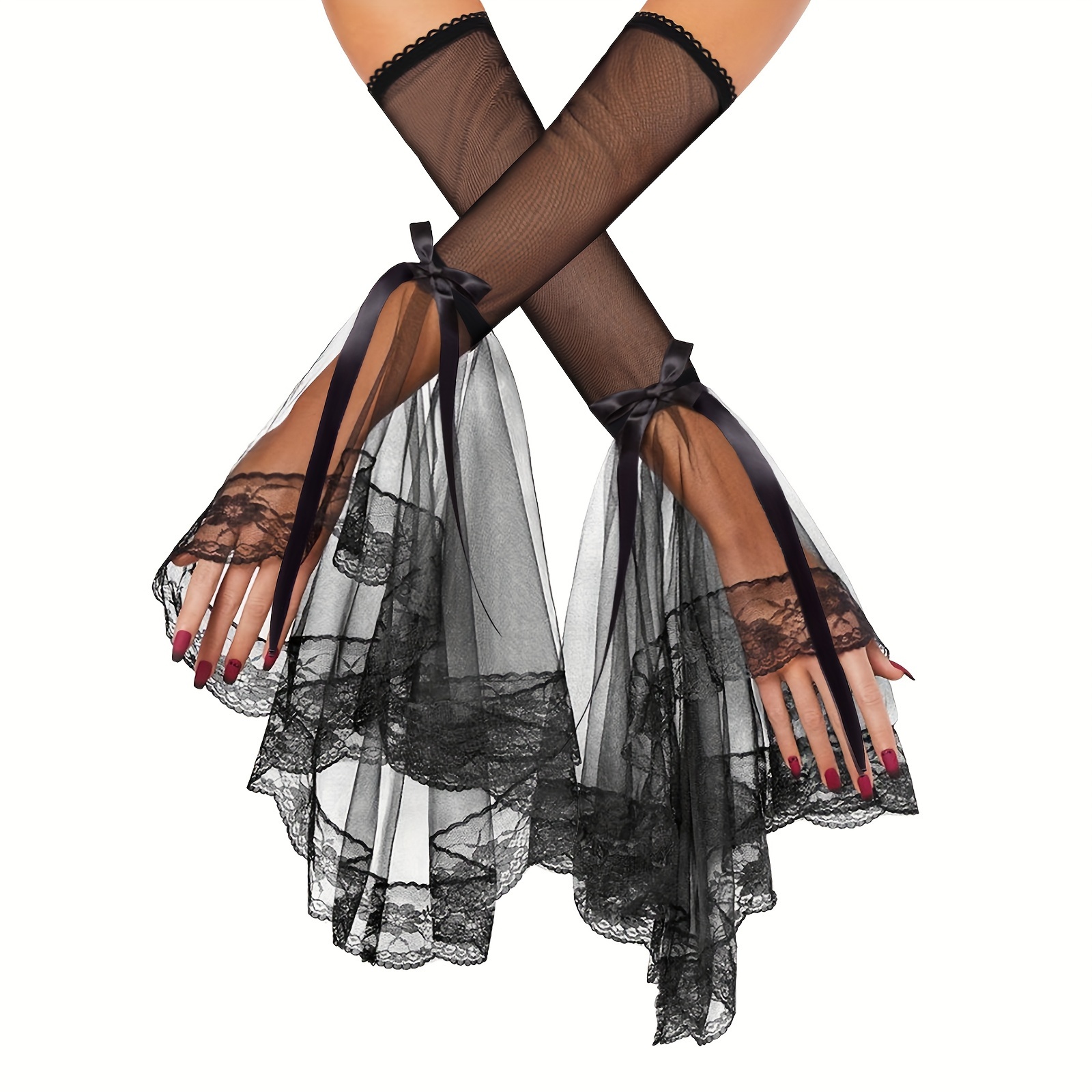 

Women's Gothic 1 Pair Black Grim Detachable Arm Sleeves Costume Long Lace Cuff Halloween Witch Accessory