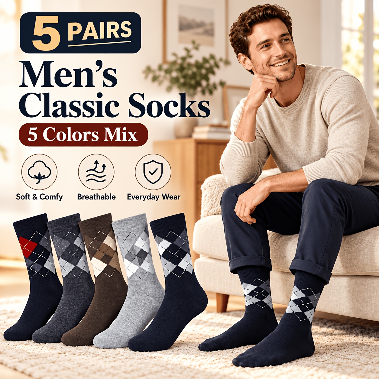 TEMU Pairs Men's Mixed Color Mid Tube Socks With Diamond Grid Jacquard Pattern, Classic Retro Style, Seasonal Regular Version, Daily Wear, Business