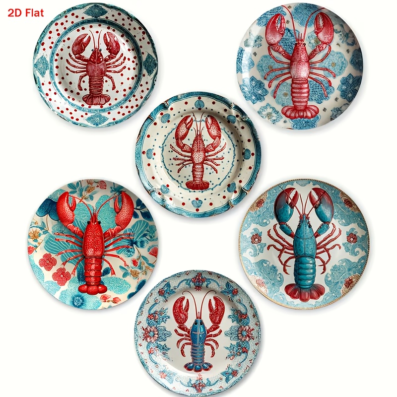 TEMU A Set Of 6 Wooden Coasters Featuring 2d Lobster Designs, Suitable For Family Gatherings, Cafes, Offices, And Occasions, Home Decor, And New Year
