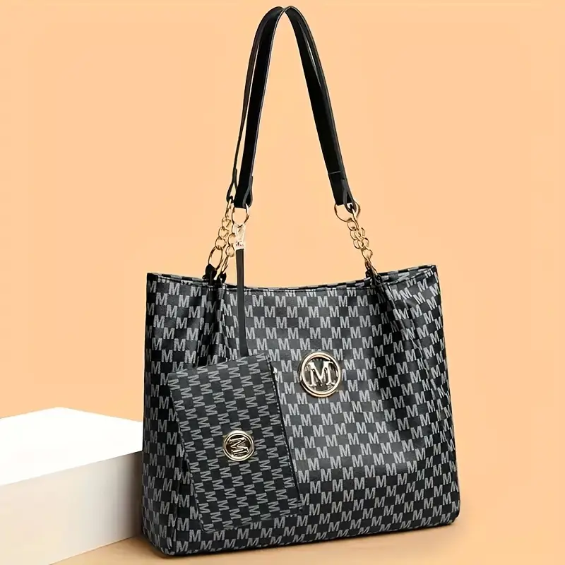 2pcs womens vintage shoulder bag set large capacity tote bag with fixed shoulder strap synthetic zipper closure polyester lining lightweight random print design daily commuting and carrying cell phones details 5