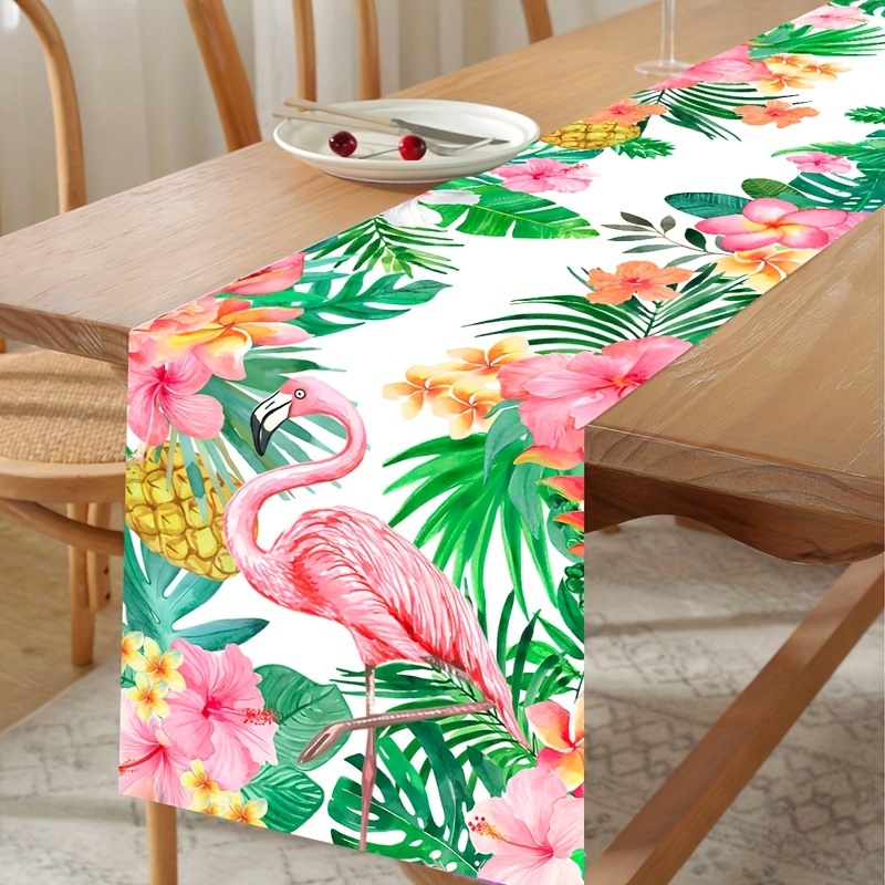 

1pc, Hawaiian Flower Flamingo Polyester Table Runner, Summer Tropical Table Flag 180 * 35cm, Suitable For Wedding Party, Birthday Dining Table Decoration, Hawaii Party Home Decor