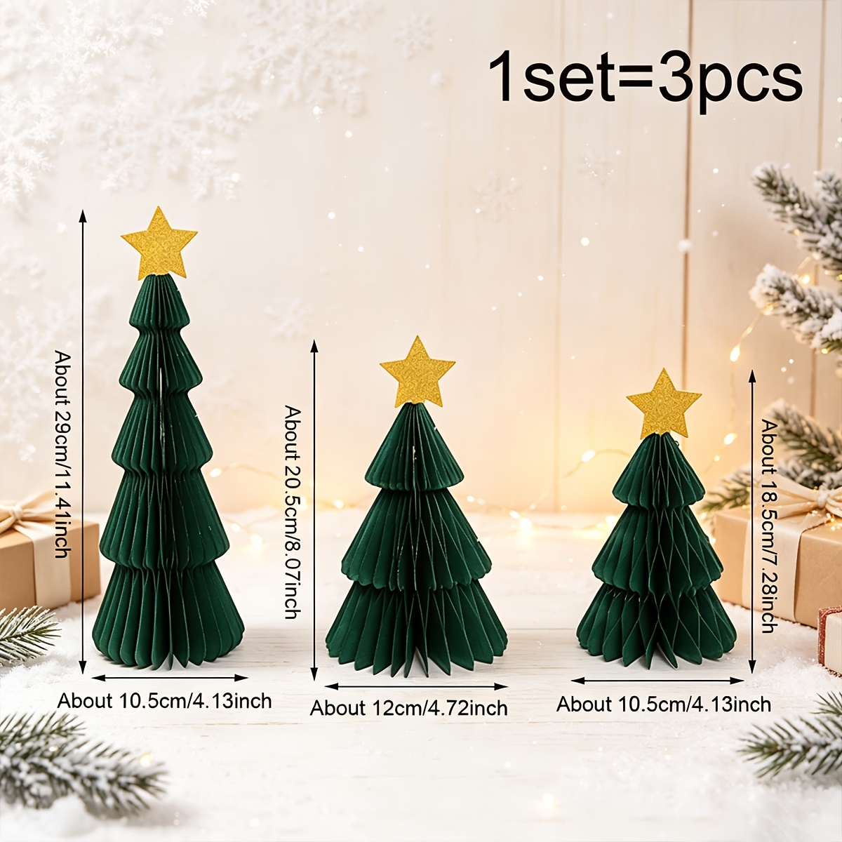 TEMU 3pcs Ornements de sapin de Noël en papier épais de , mini ensemble d'arbre origami de bureau, décoration de scène de fenêtre de buffet