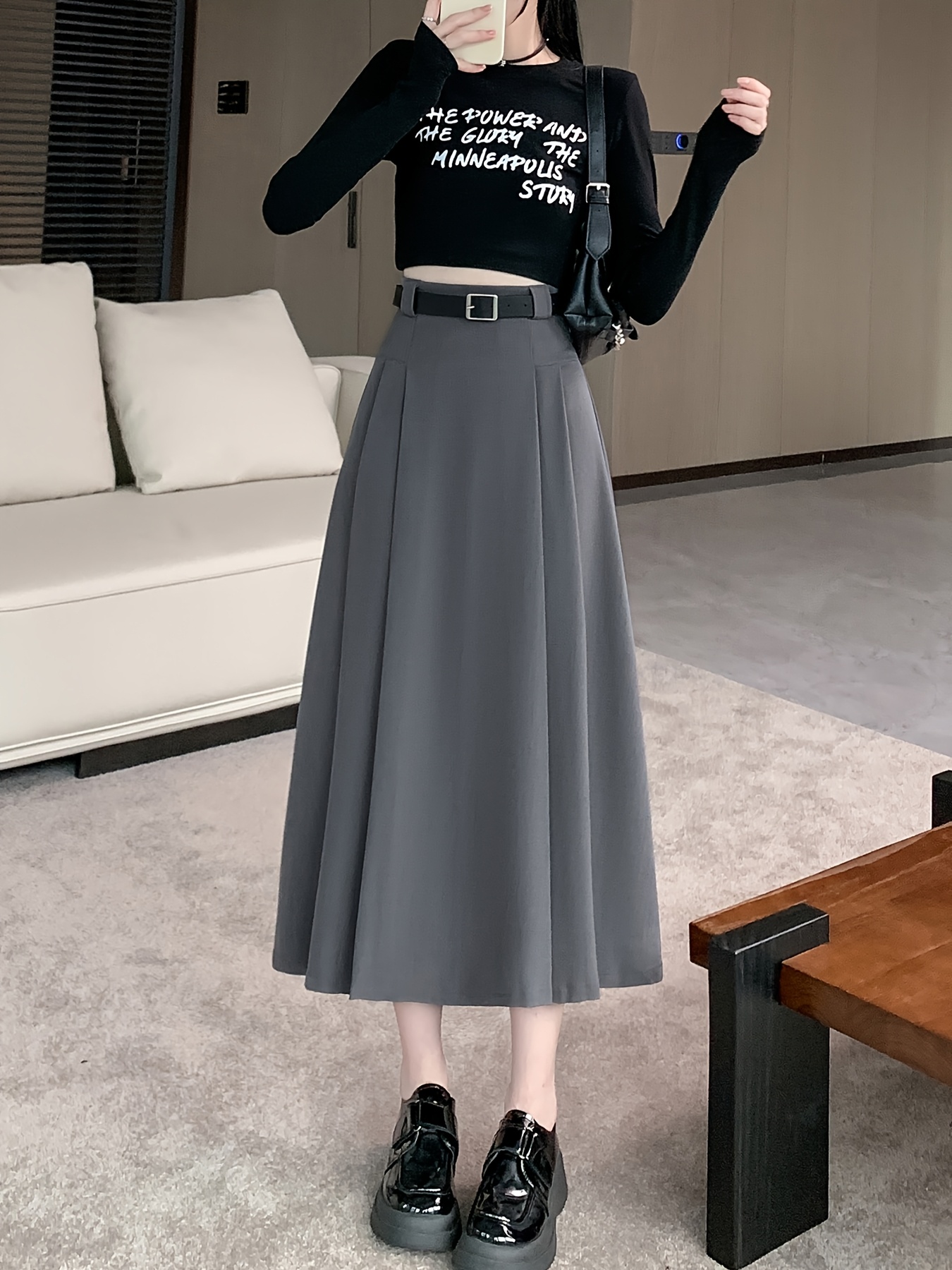 womens elegant gray a line skirt high waisted length Temu Brazil