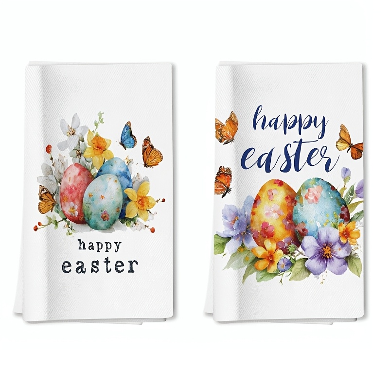 2 Paños de Cocina de Algodón 100%, Diseños de Huevo de Pascua, Flores y Mariposas - Toallas Multiusos de Alta Calidad para Cocina y Bar