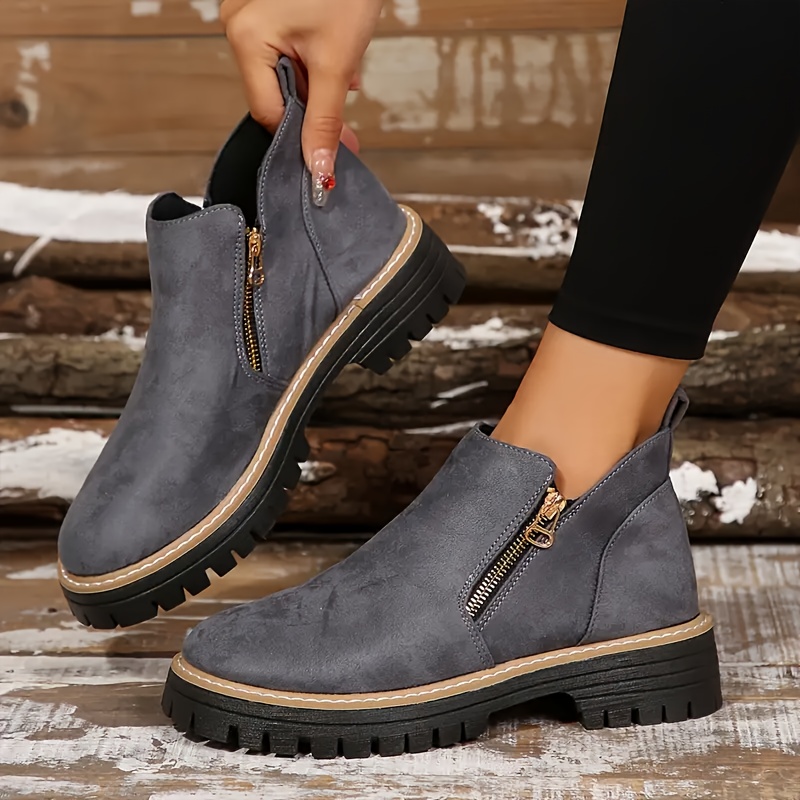 

Women's Charcoal Gray Cover Ankle Boots With Dual Zippers, Comfortable Flat Casual Shoes, Breathable & , Round Toe, Low Heel, Tpr Sole, Wear