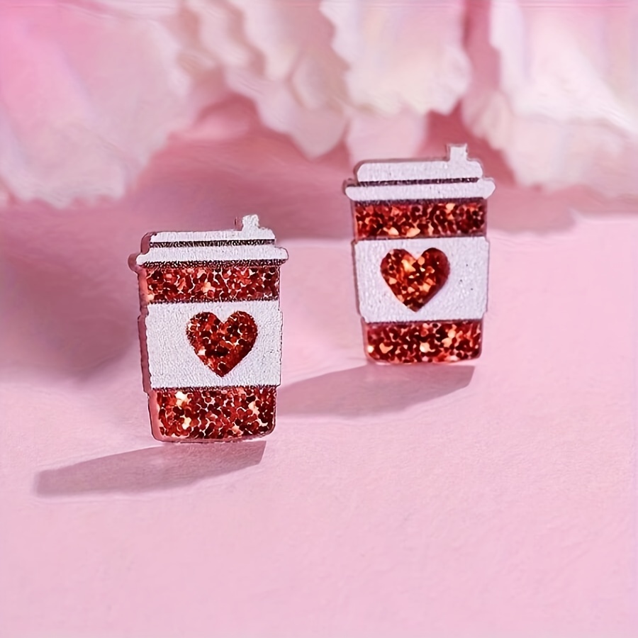 

Cute Acrylic Heart And Coffee Cup Stud Earrings, Sparkling Glitter Design, For Women, With And Valentine's Day Gift, All Accessory