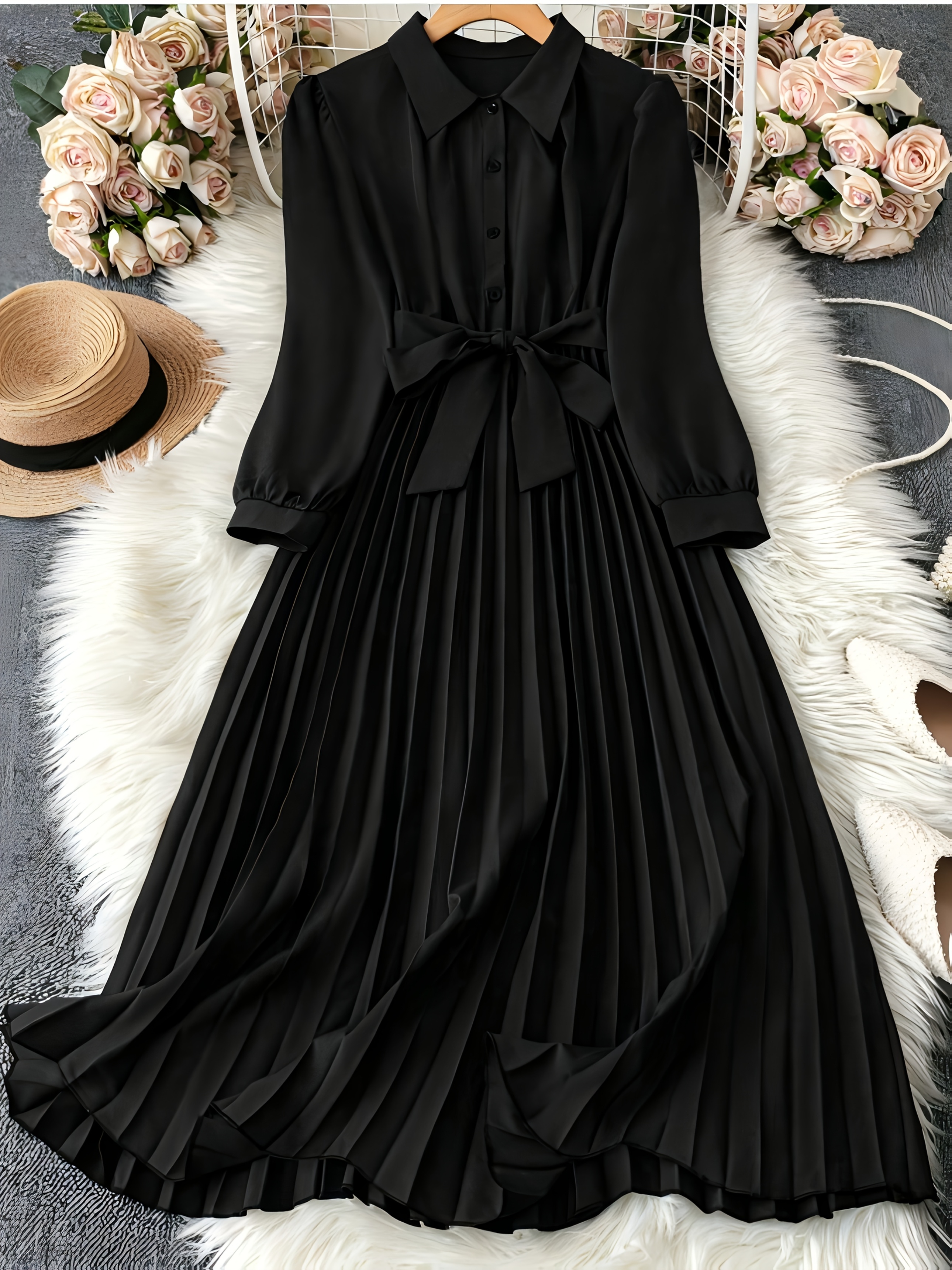 Women's *ant Black Pleated Maxi Dress with Belt Long Sleeve, Button-Up  Collar Hem, Machine Washable Fit, Casual