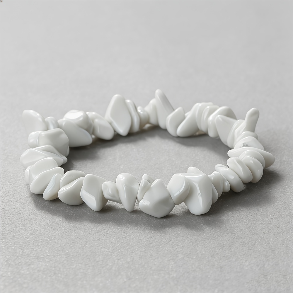 TEMU 1pc Men' & Women' White Pebble Bracelet With Elastic Cord & Transparent Stones - Suitable For Beach Vacation, Casual Attire, Gift For Valentine'