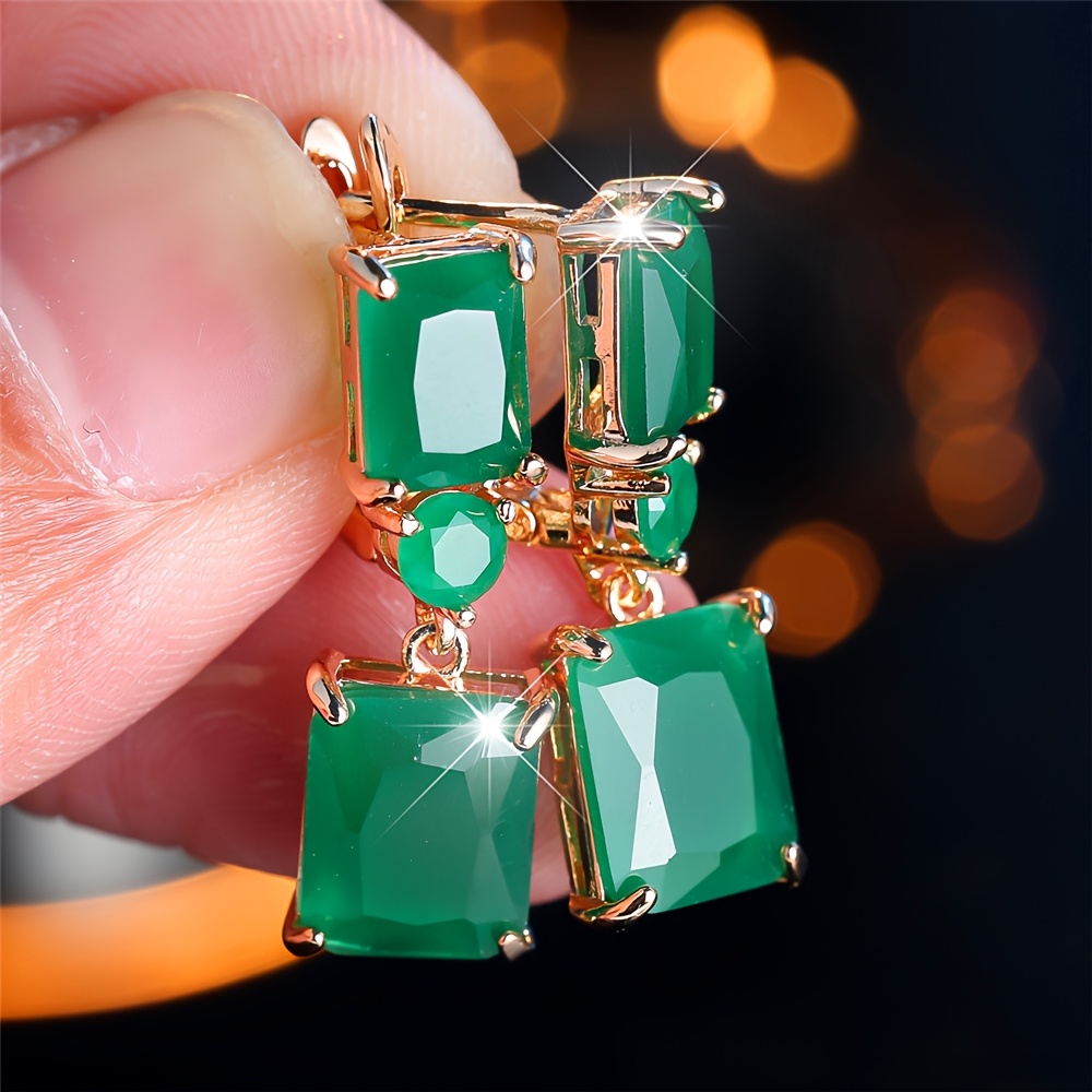 Image of 1 Pair Of Large Square Green Synthetic Zirconia Drop Earrings, Vintage Golden Ethnic Style Trend Women's Jewelry.