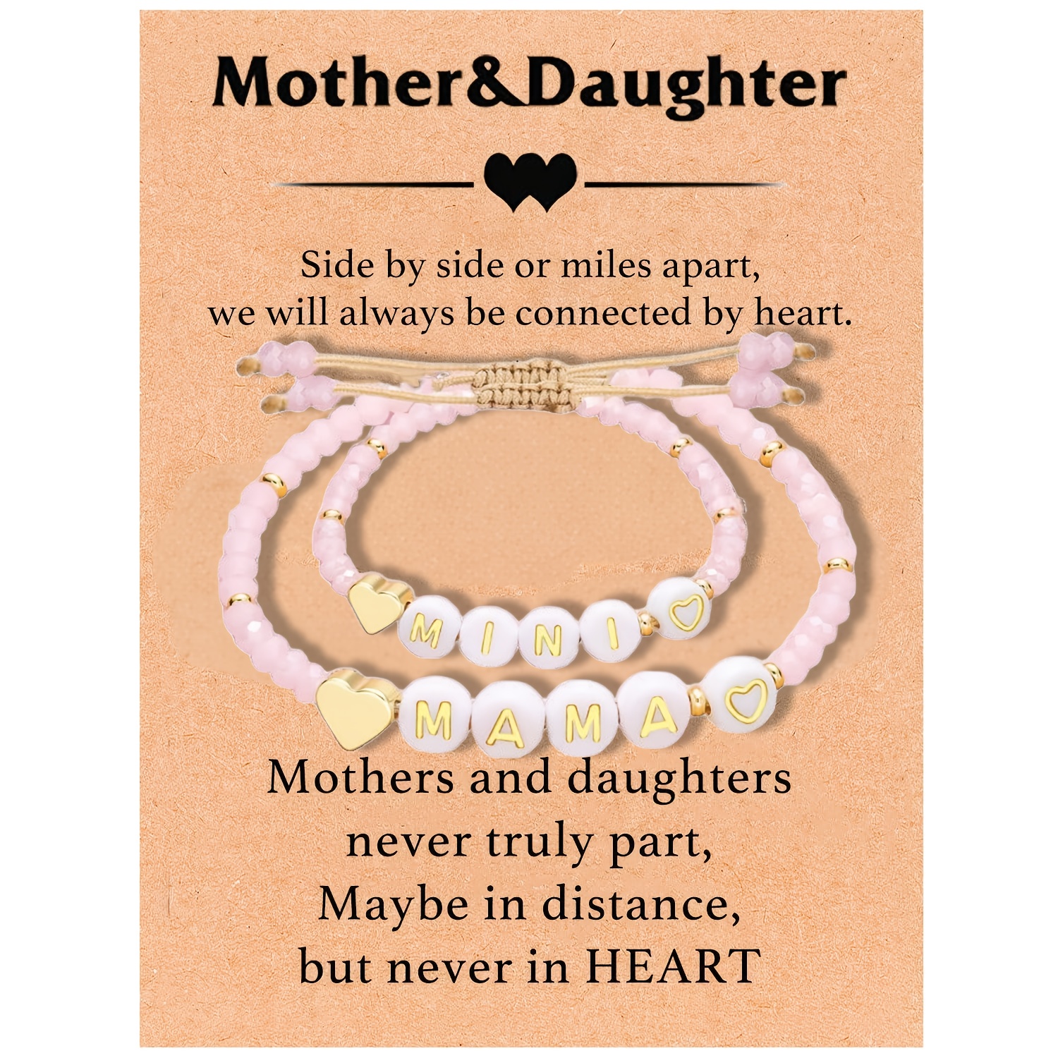 Image of This Two-piece Mother-daughter Beaded Bracelet Set Features Adjustable Heart-shaped Bracelets For Mother And Daughter, Perfect As A Gift For Day Of School. Ideal For Mother's Day And Back-to- Gifts.