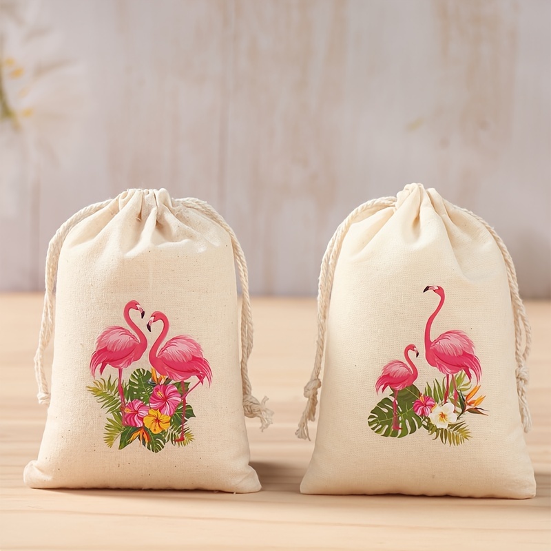 

Flamingo Linen Drawstring Gift Bags - 6 Pack Cartoon Flamingos Print Party Favor Pouches For Birthday And General Celebrations, Tropical Theme Snack And Candy Packaging Bags