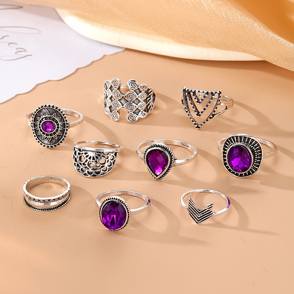 TEMU 9pcs Vintage Bohemian Purple Rhinestone Ring Set For Women - Multi- For Daily Wear & Accessories, Elegant Style With Sparkling Rhinestone Rings