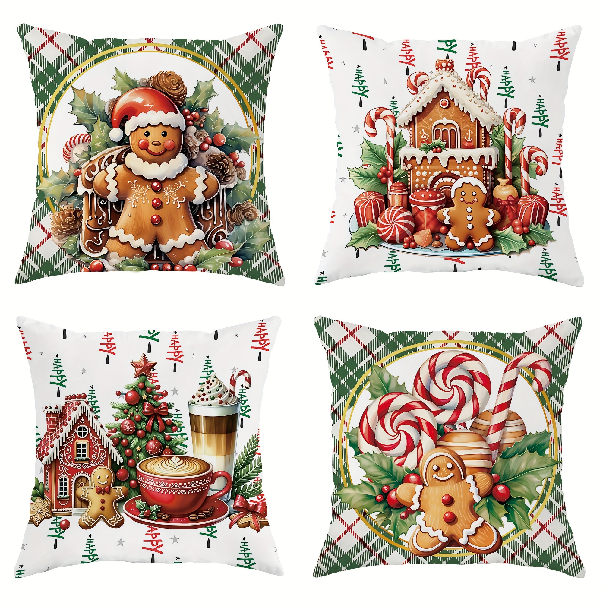 

4pcs Set Velvet Christmas Throw Pillow Covers - Gingerbread For Man & Candy Cane Design, Soft & Comfortable, 18x18 Inches - Living Room & Bedroom Decor (inserts Not Included)