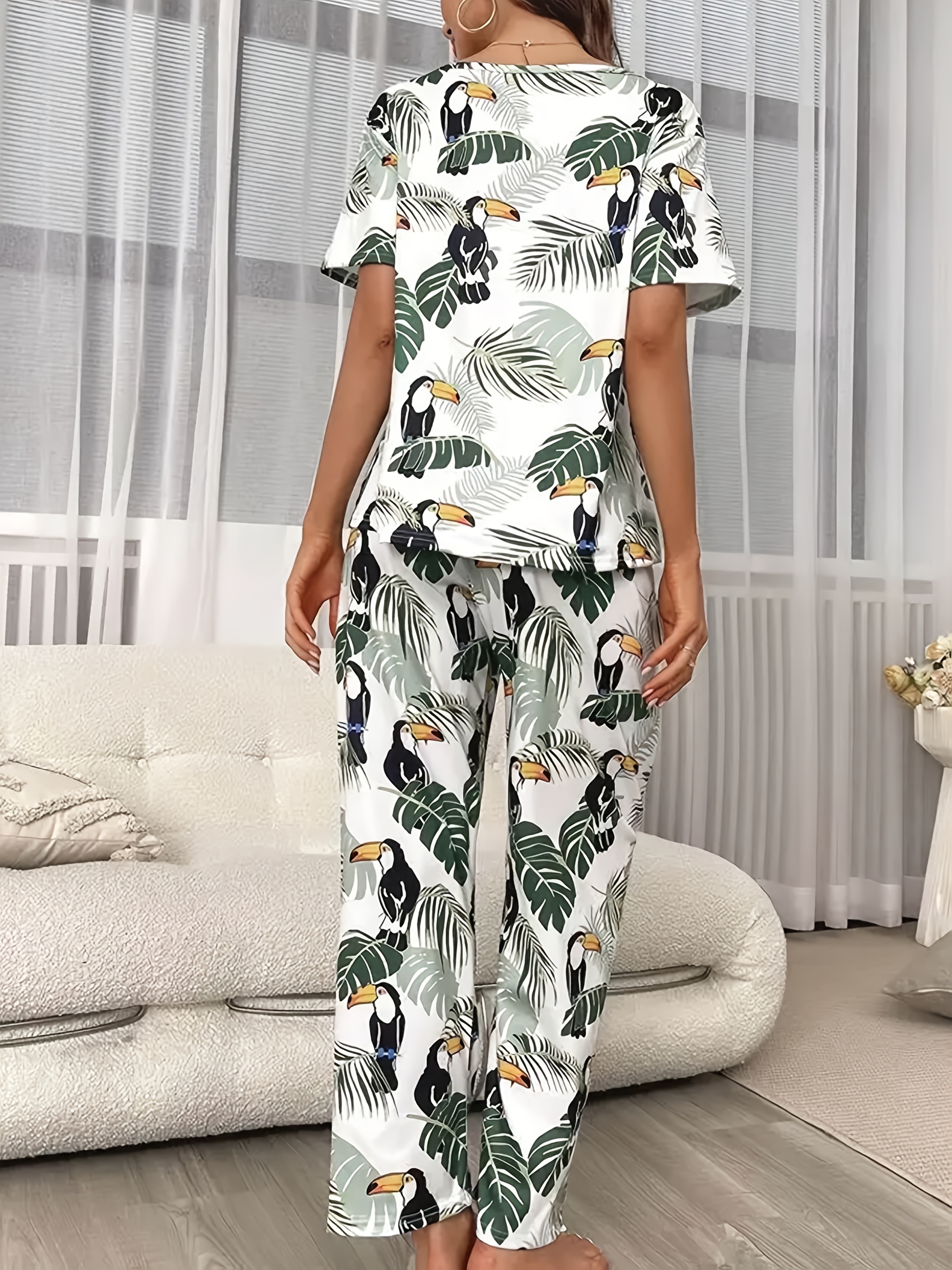 Spring-Summer-Autumn Cartoon Print Round Neck Short Sleeve Top and Loose Comfortable Pants, Polyester - Casual Women's Sleepwear Set