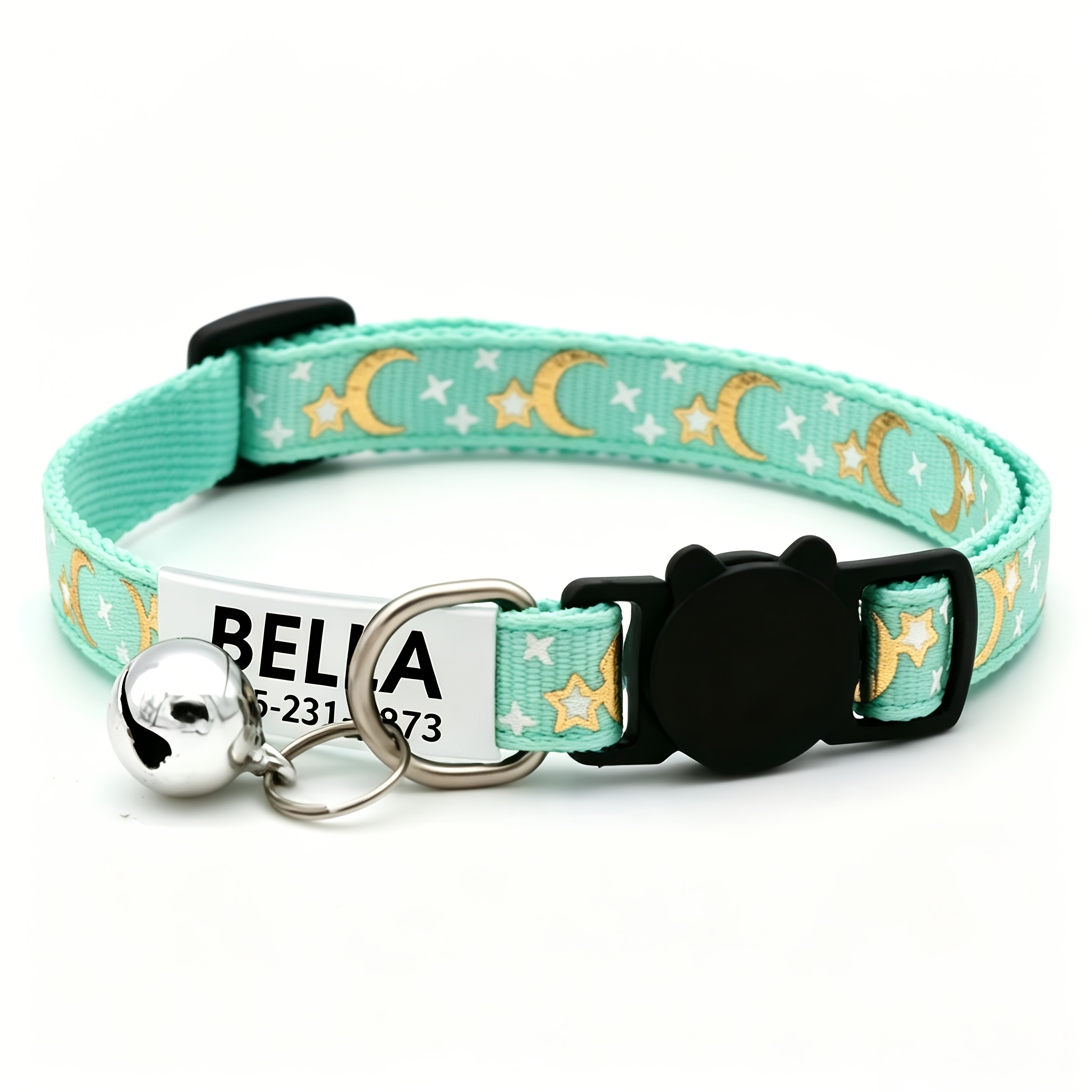 Personalized Cat Collar, Stars and Moon Design with Bell