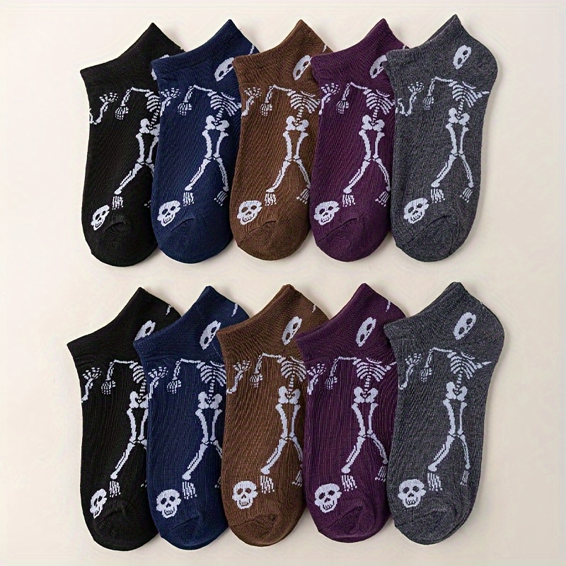 

10pcs Women's Breathable Ankle Socks With Skull Print - Soft, Stretchy Polyester , Machine Washable