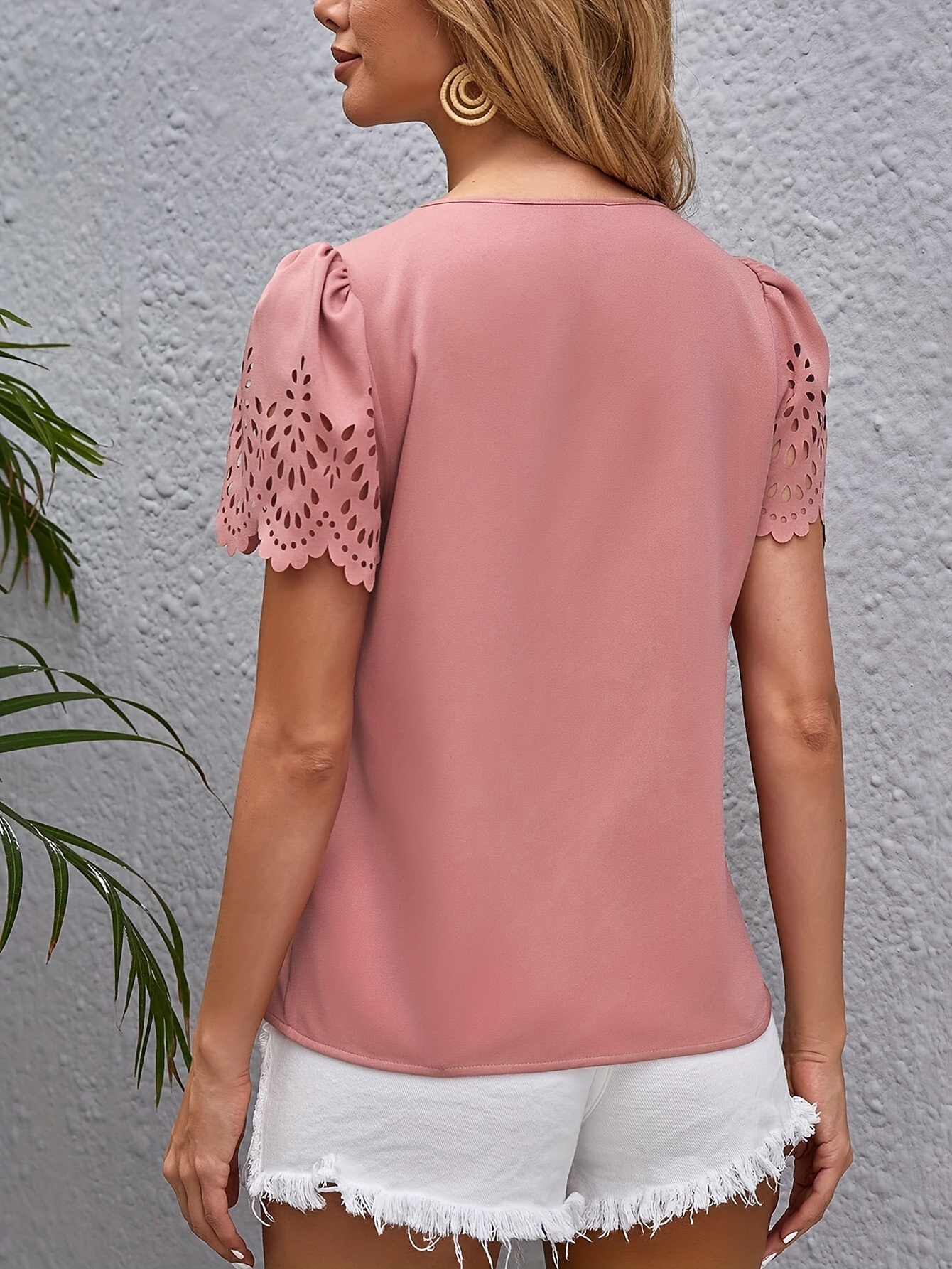 Elegant Casual Short-Sleeve Top for Women with Laser-Cut Scalloped Edges.