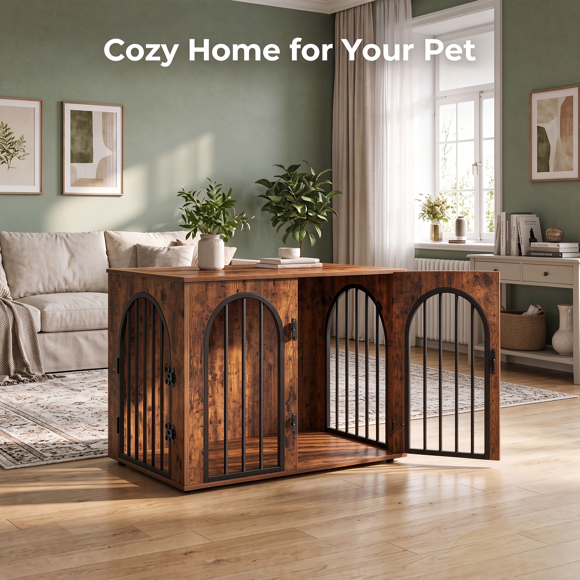 Image of 81cm Wide Three-door Dog Crate With An Arched Entrance, A Furniture-style Dog Crate That As A Multifunctional Side Table For The Living Room Or Bedroom, 57 X 81 X 62cm