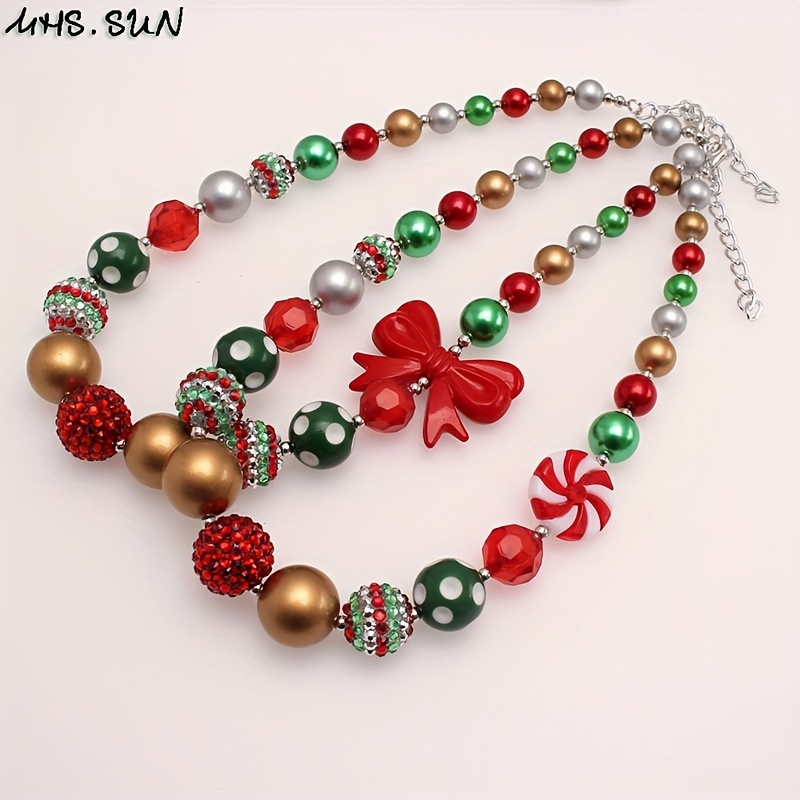 

2pcs Festive Christmas Bow & Lollipop Beaded Necklaces - Accessory