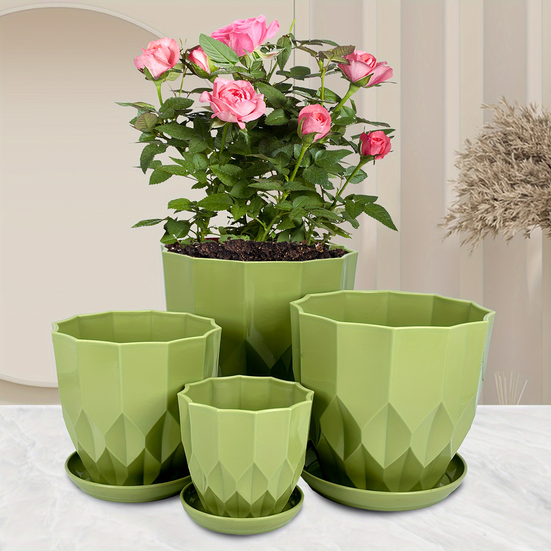 

4pcs, Plastic Flower Pots, 8.2/7.0/5.8/4.3 Inch Nursery Plant Pot With Drainage Holes And Hole Mesh Pad And Saucers Tray For Indoor Garden Plants, , Orchid And Cactus