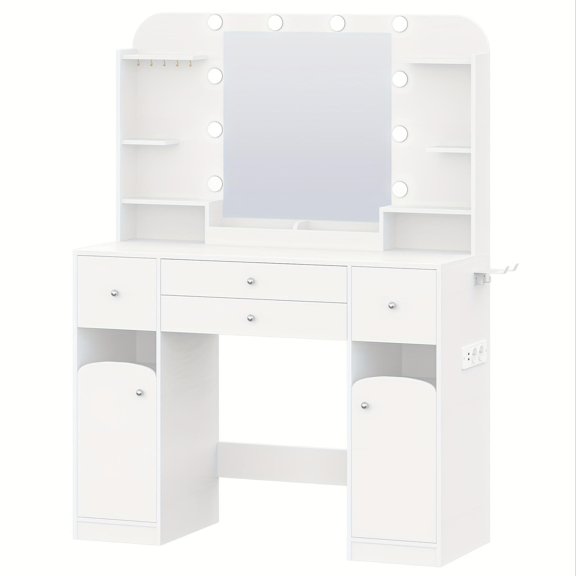 Jewelry Cabinet, Dressing Table With Led Lighting, With Plug And Hairdryer Holder, Large Tabletop 108 Cm, Dressing Table With 2 Large Drawers With Jewelry Tray, 2 Cabinets, 40 X 108 X 144 Cm, White