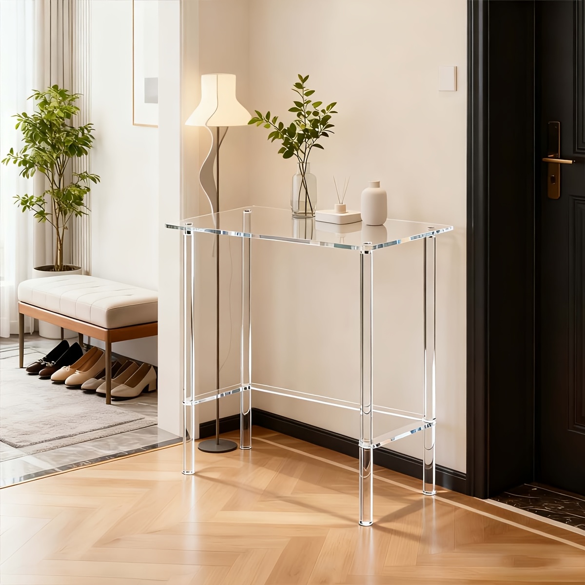 Mesa de Consola, Mesa de Centro Moderna de Dos Niveles Transparente, Mesa Auxiliar Estrecha de Acrílico, Diseño Único y Elegante, Adecuada para Salas de Estar, Pasillos y Entradas