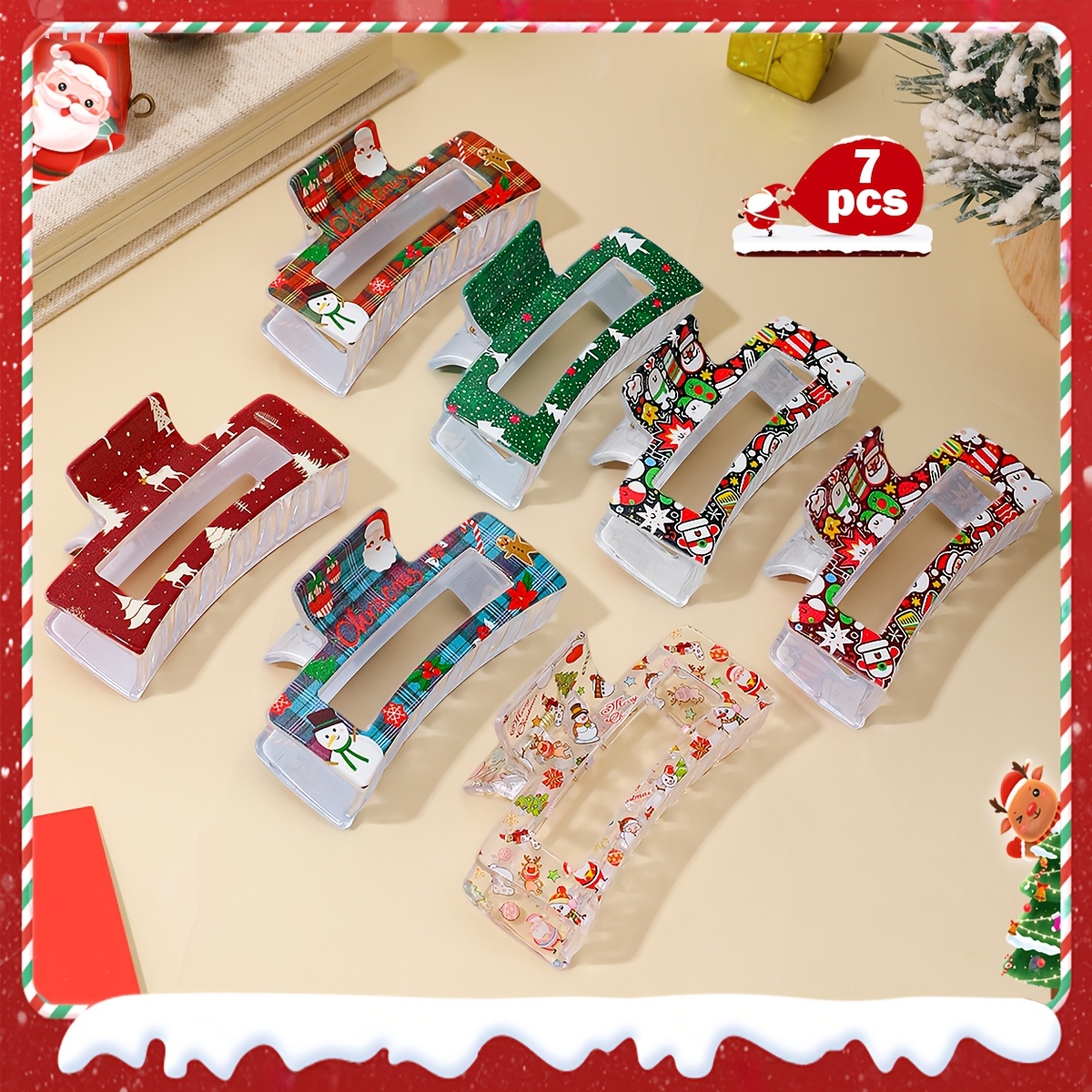 TEMU 7pcs Vintage Christmas Style Printed Acrylic Hollow Square Hair Clips Women's Back Of Head Updo Shark Clips Christmas Party Photo Styling Hair