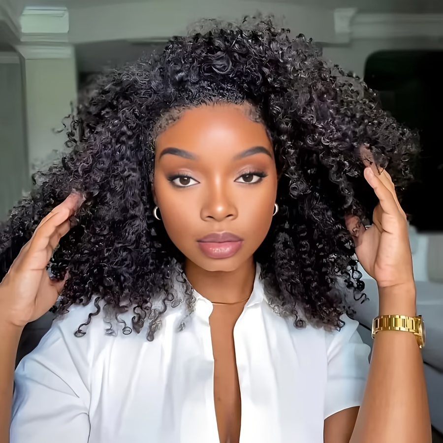 TEMU 3in 1 Half Wigs Human Hair Afro Half Wig With Drawstring Glueless Wigs Human Hair Natural Hairline No Sew In Beginner Friendly Halloween Season