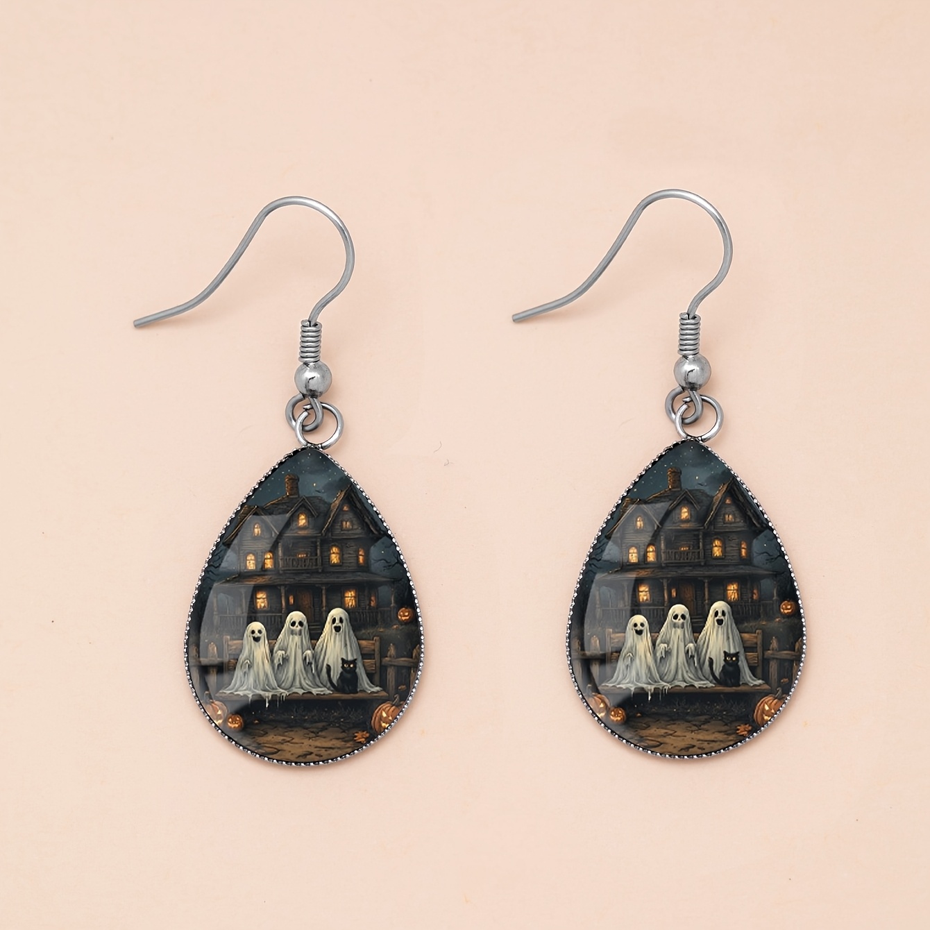 Halloween Ghost Black Cat Pattern Teardrop Earrings