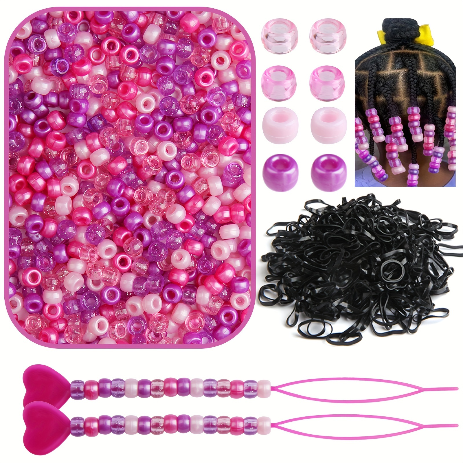 

200pcs Pony Bead Hair Beads Set, 9x6mm Small Horse Beads, 2pcs Rubber Bands, 2pcs Braided Quick Hair Beads, Bohemian Style, Hollow Detail, Theme, Making Kit, Plastic Material, No Power Required