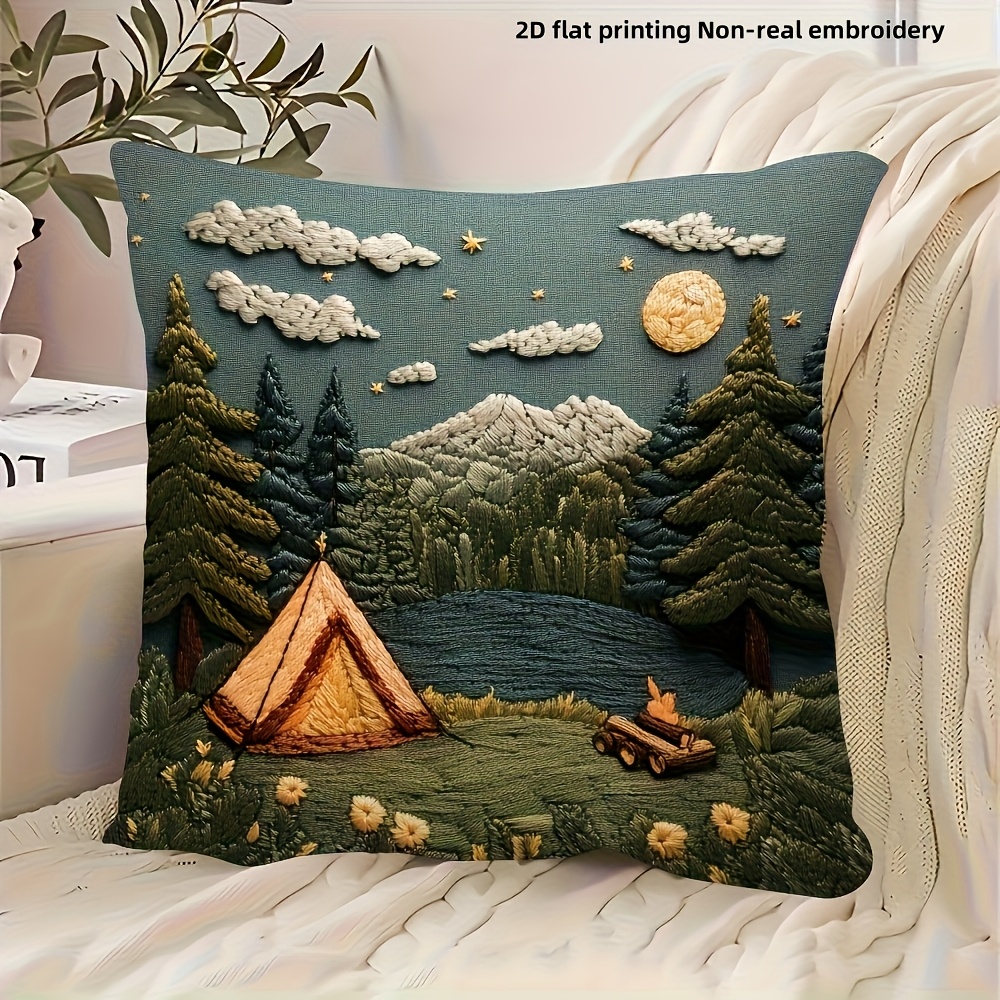 TEMU 1pc Bohemian Camping Memories Plush Pillow Cover - 18x18 Inch Tent Starry Night Design, 2d Printed Polyester Decorative Pillow Case With Zipper