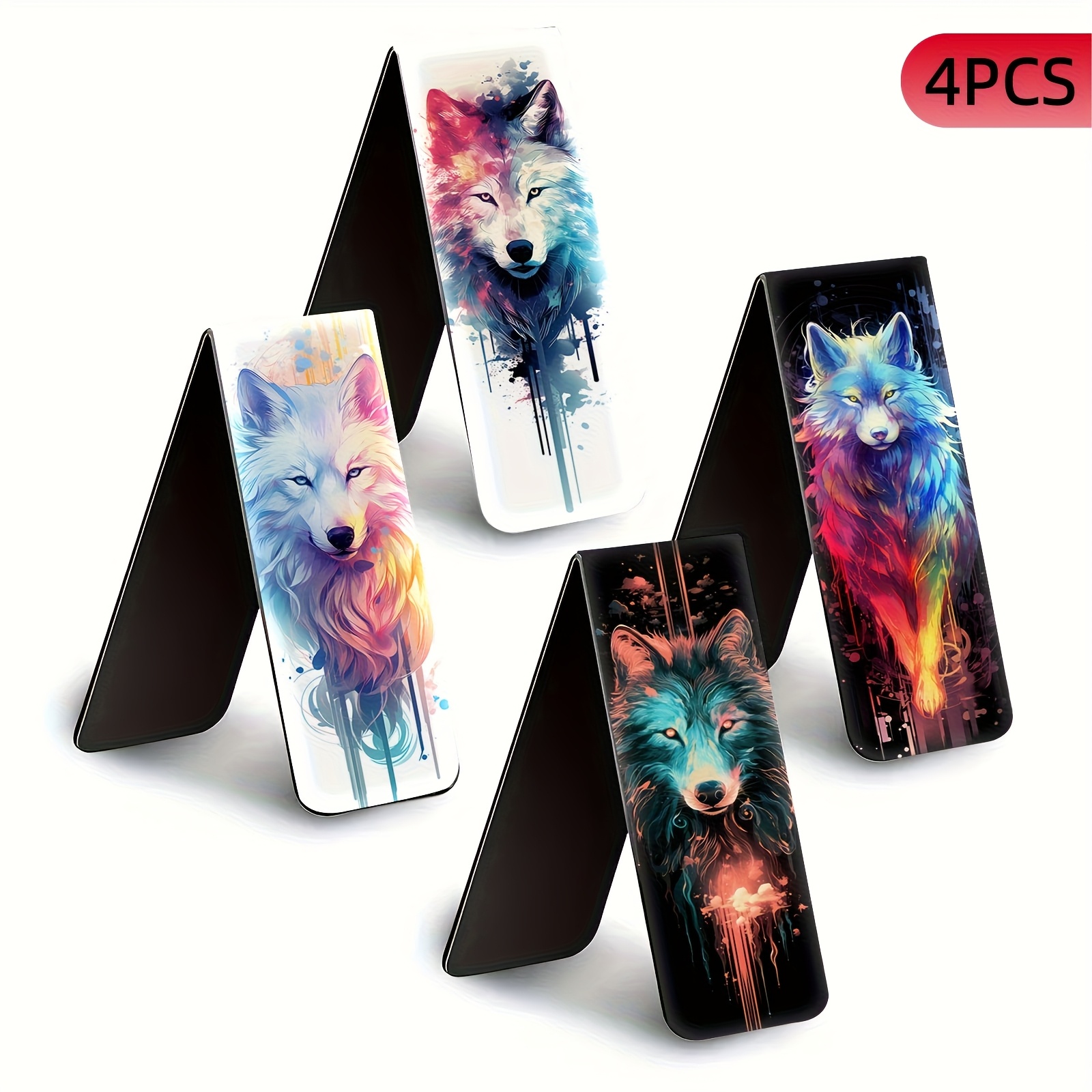 Image of Set Of 4 Magnetic Bookmarks | Foldable Page Clips | Illustration Themed Wolf Magnetic Bookmark Series (4pcs) | High-definition Color Printing, And Durable | Suitable For Books, Planners